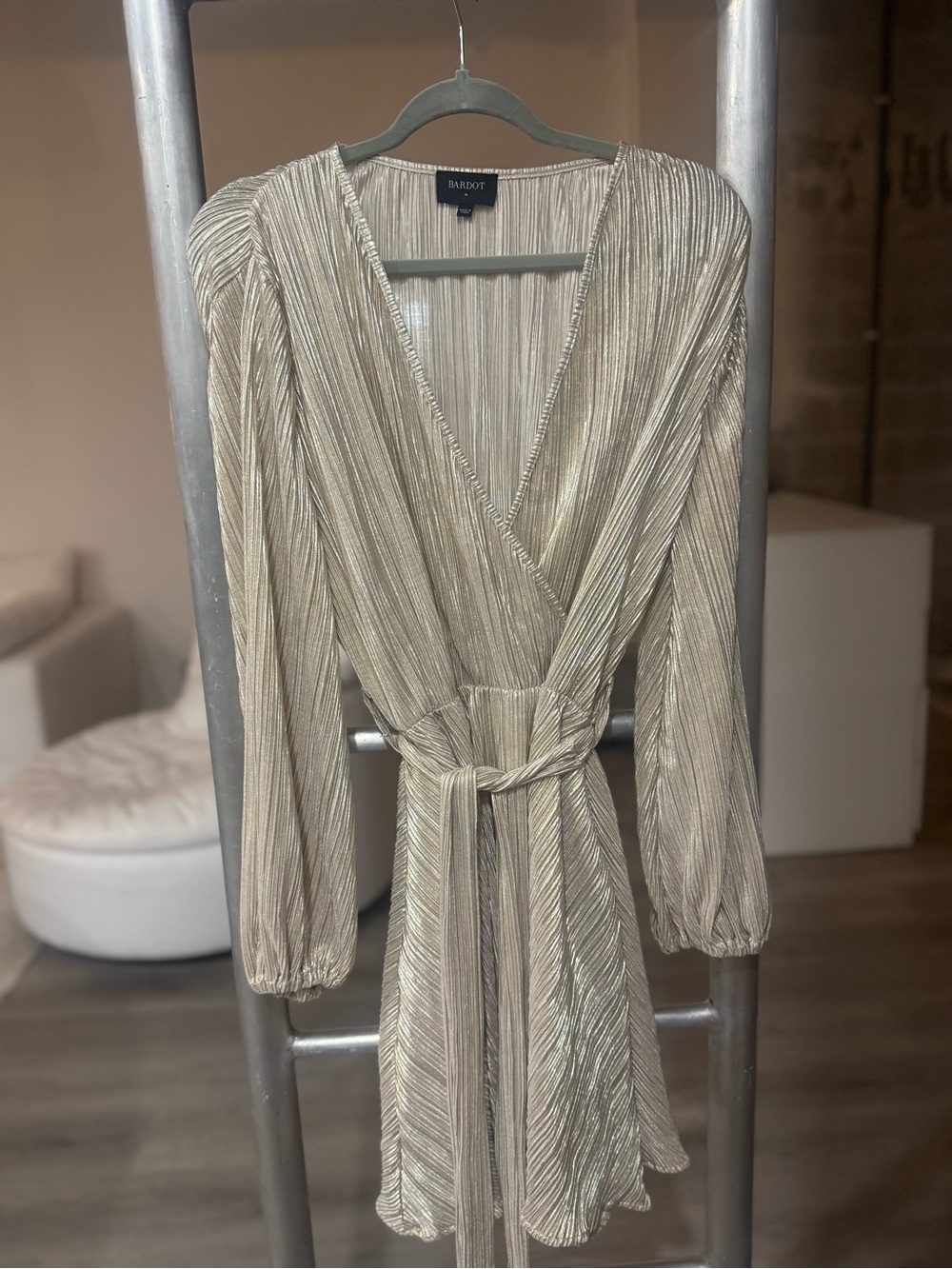 Bardot Metallic Gold Pleated Wrap Dress with Tie Waist